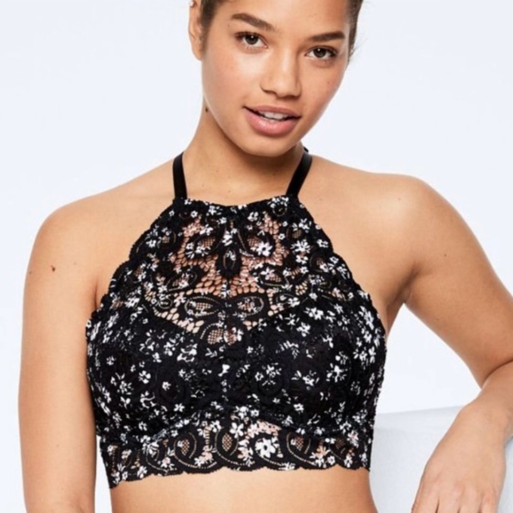 Victoria's Secret PINK Lace Black High Neck Bra Bralette Medium Padded Size XS